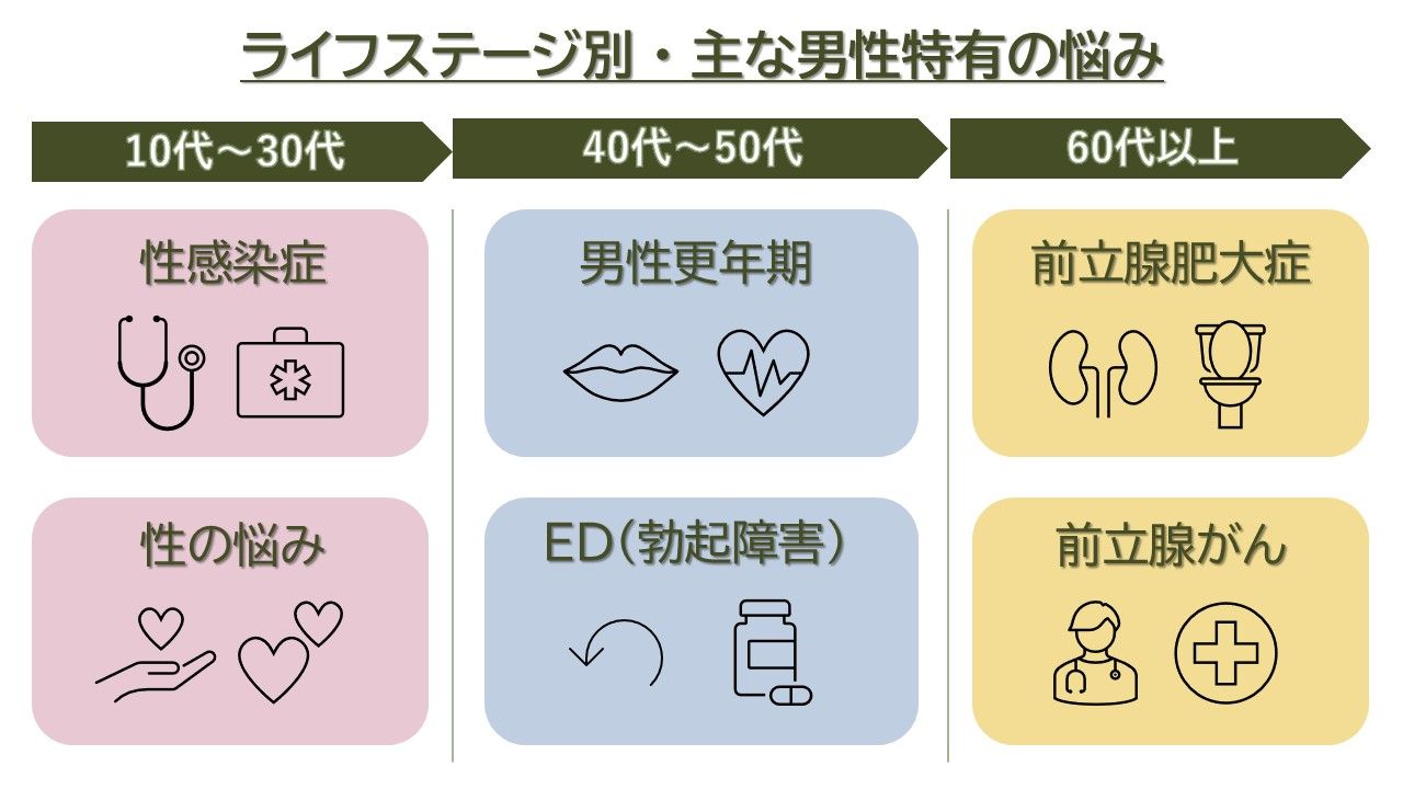 泌尿器科　男性特有の悩み　性感染症　男性更年期　ED　前立腺肥大症　前立腺がん