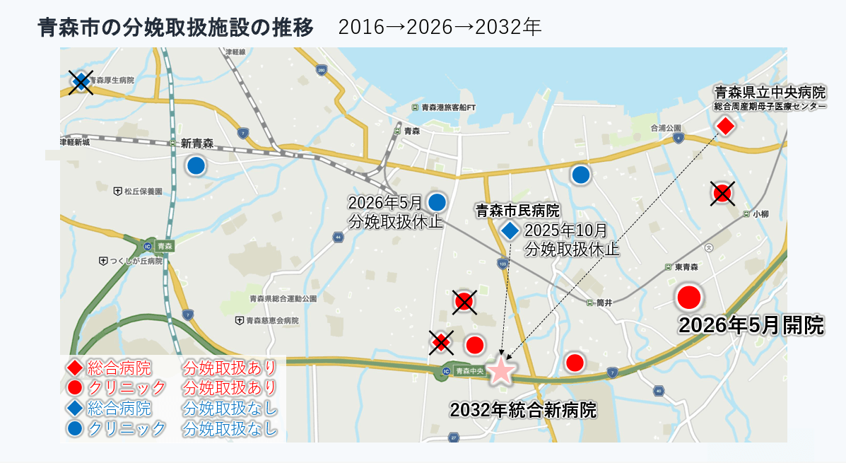 青森市の分娩取り扱い施設の推移を示したマップ