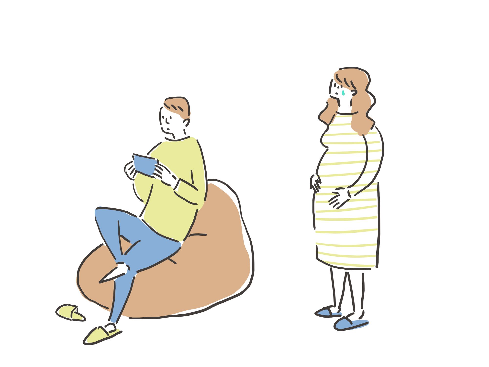 ゲームをする非協力的な夫の姿に涙を流す妊娠中の女性のイラスト