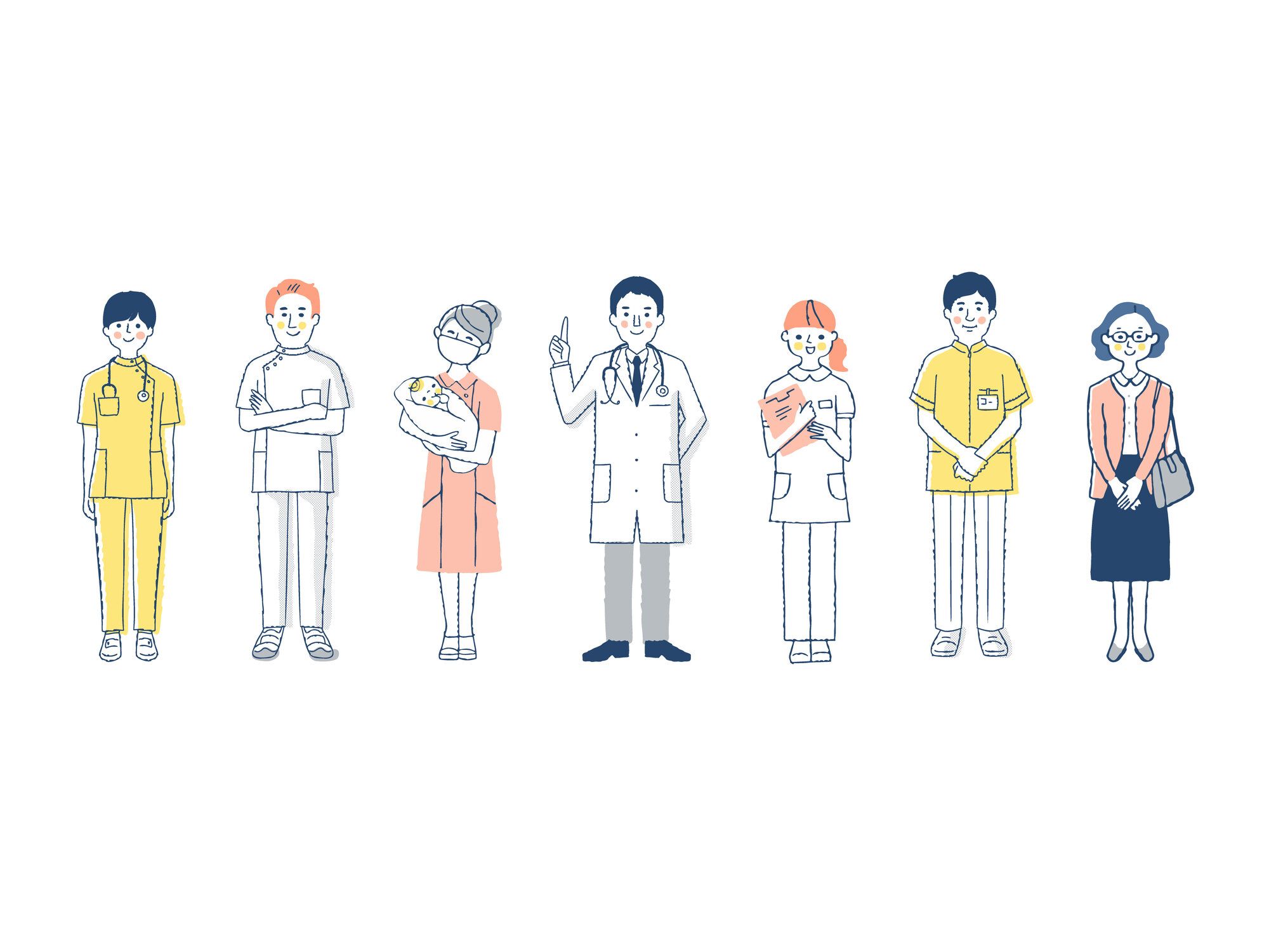 医師、助産師、看護師などさまざまな医療従事者のイラスト