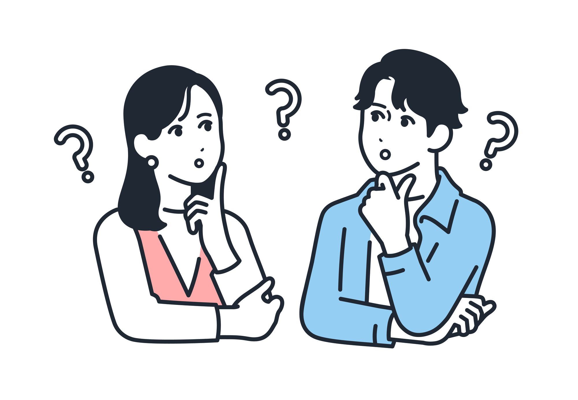 疑問符と不思議そうに首をかしげる夫婦のイラスト