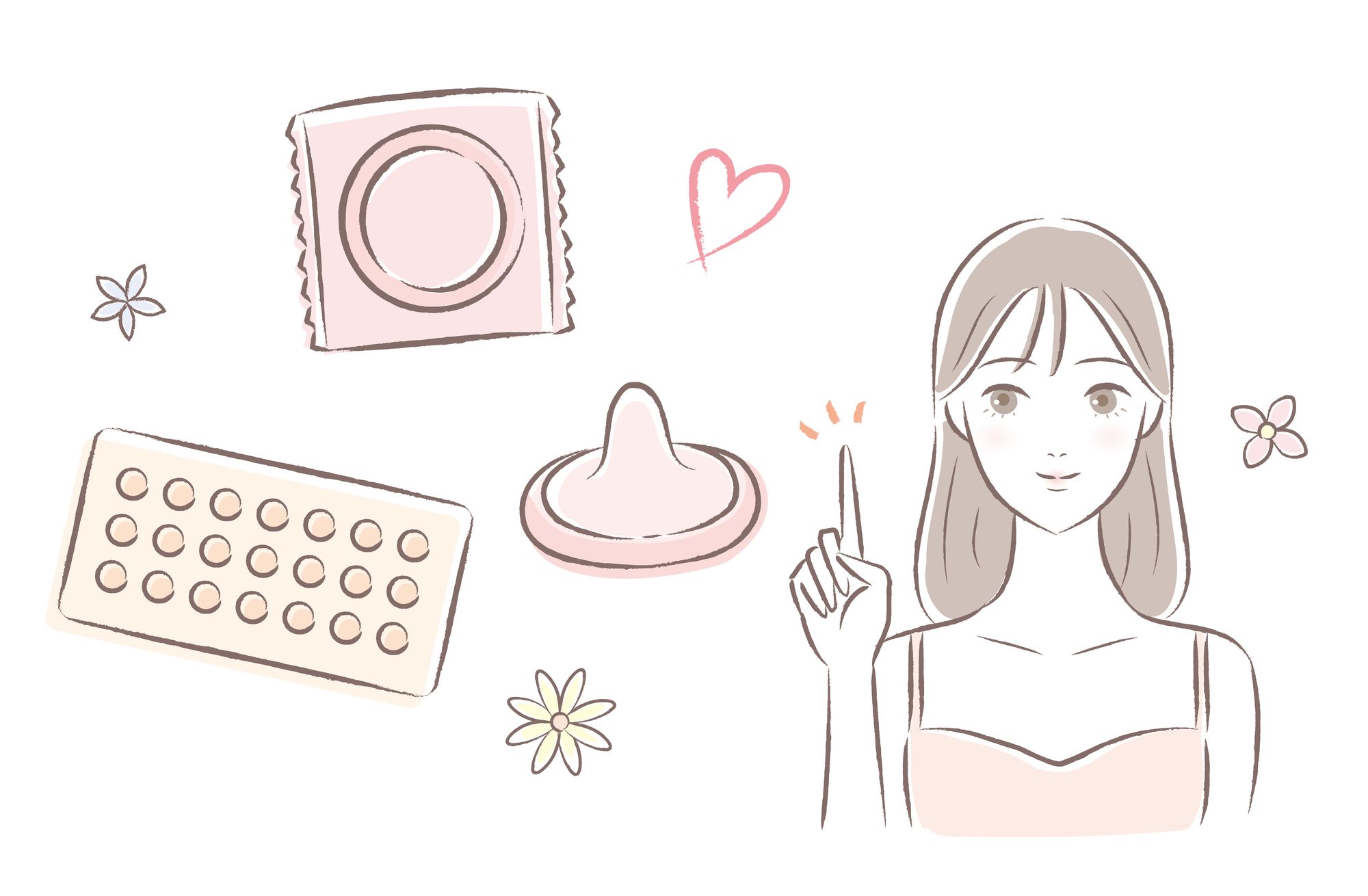ピル、コンドームなどの避妊具とランジェリー姿の女性