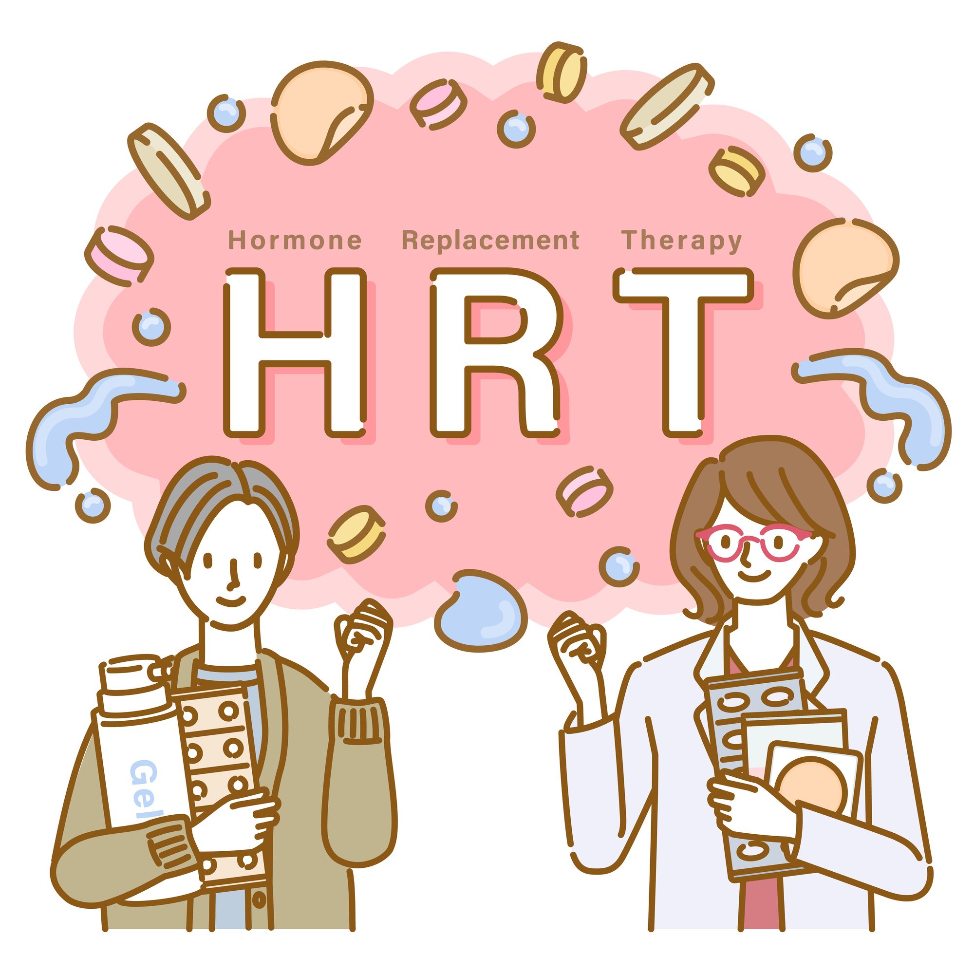 HRTの文字とさまざまな薬剤のイラスト