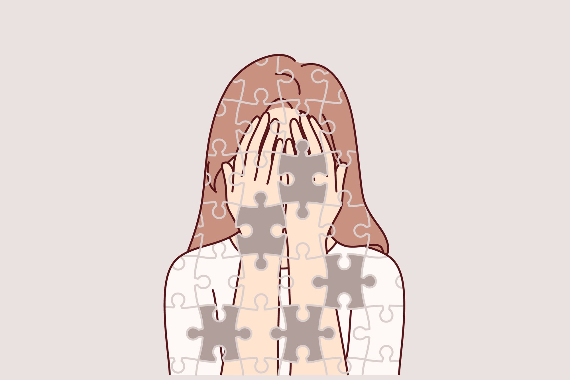 自分を失いパズルのように剥がれ落ちる女性のイラスト