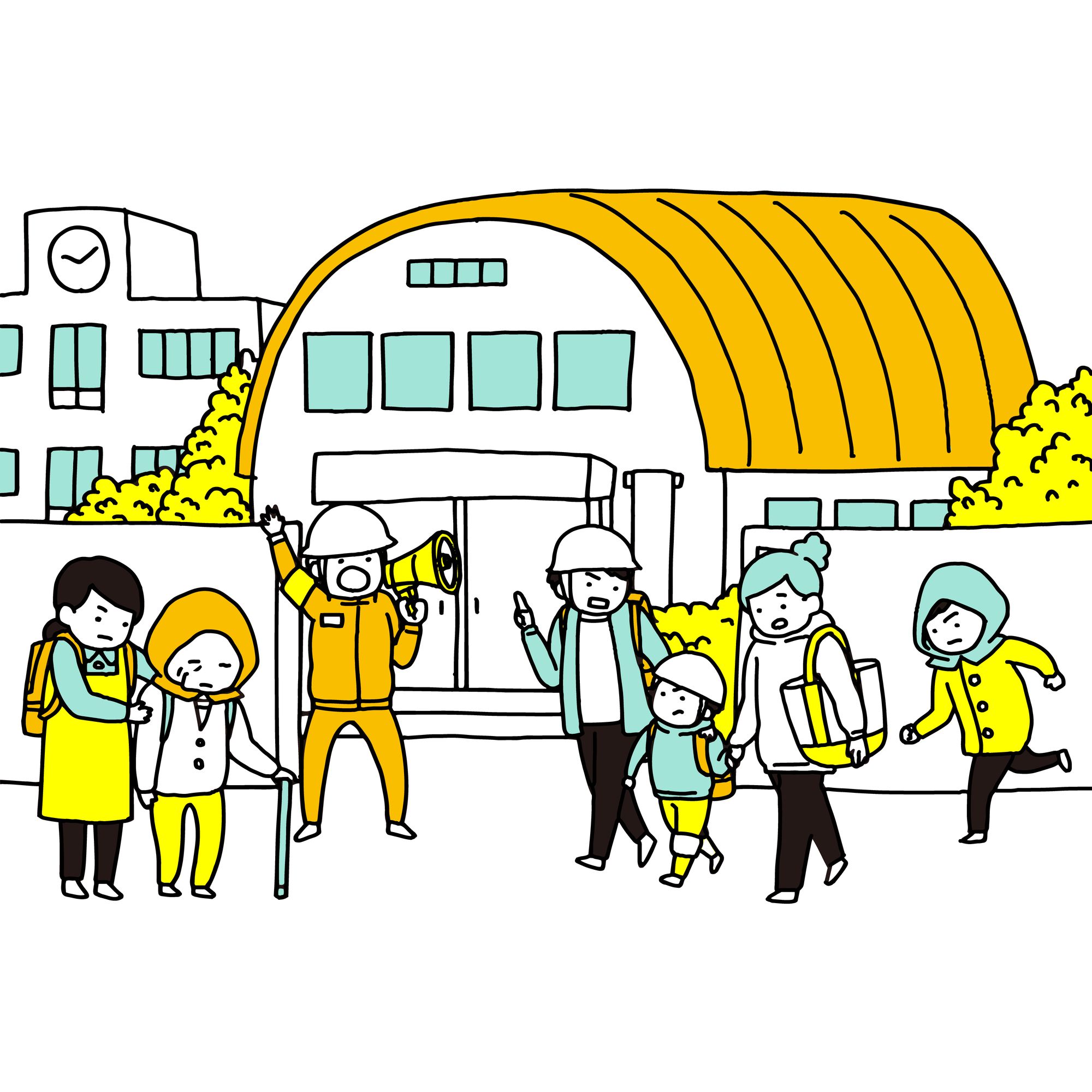 ヘルメットをかぶって避難所に向かう住民たちのイラスト