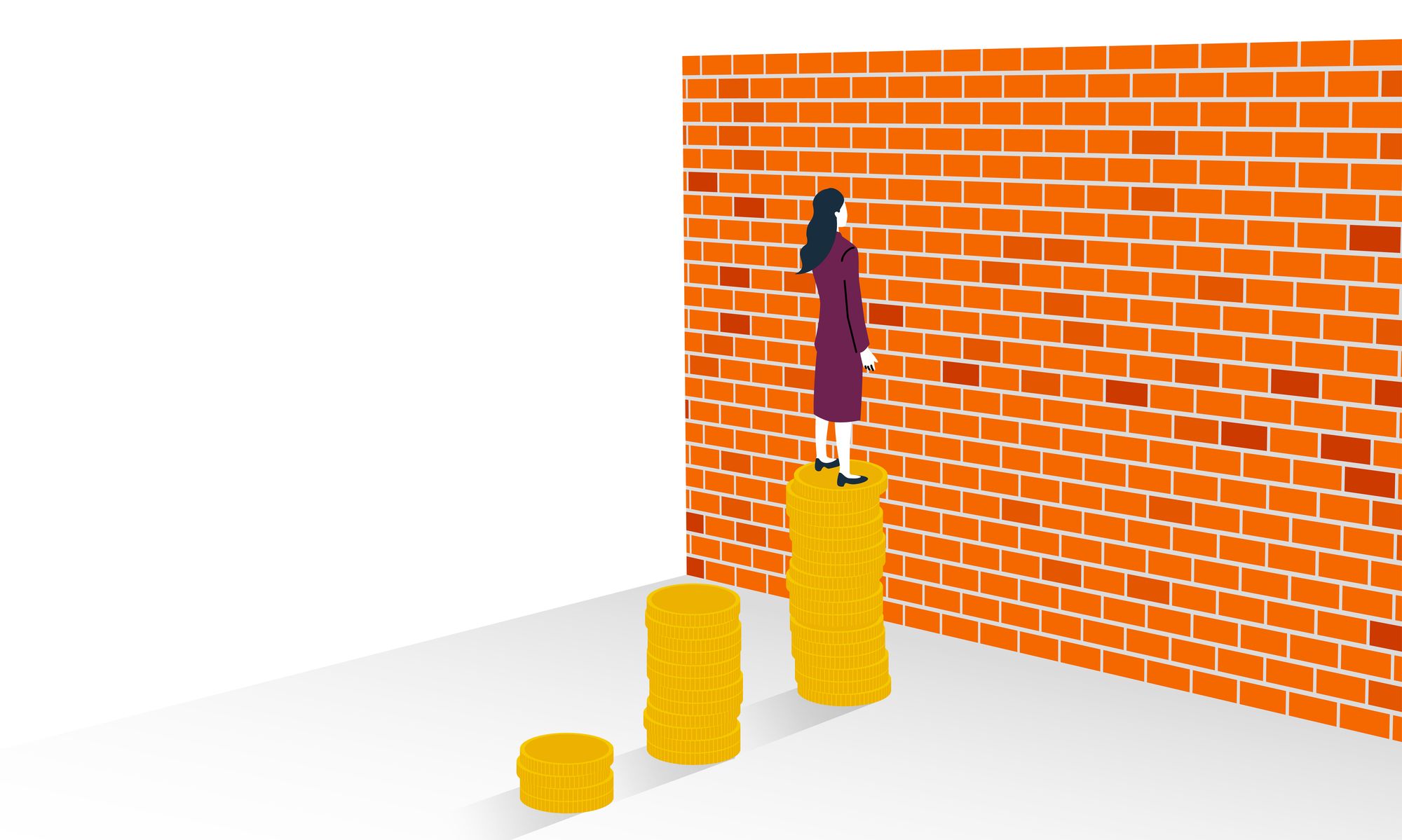 立ちはだかる壁を前に立ち尽くす女性のイラスト