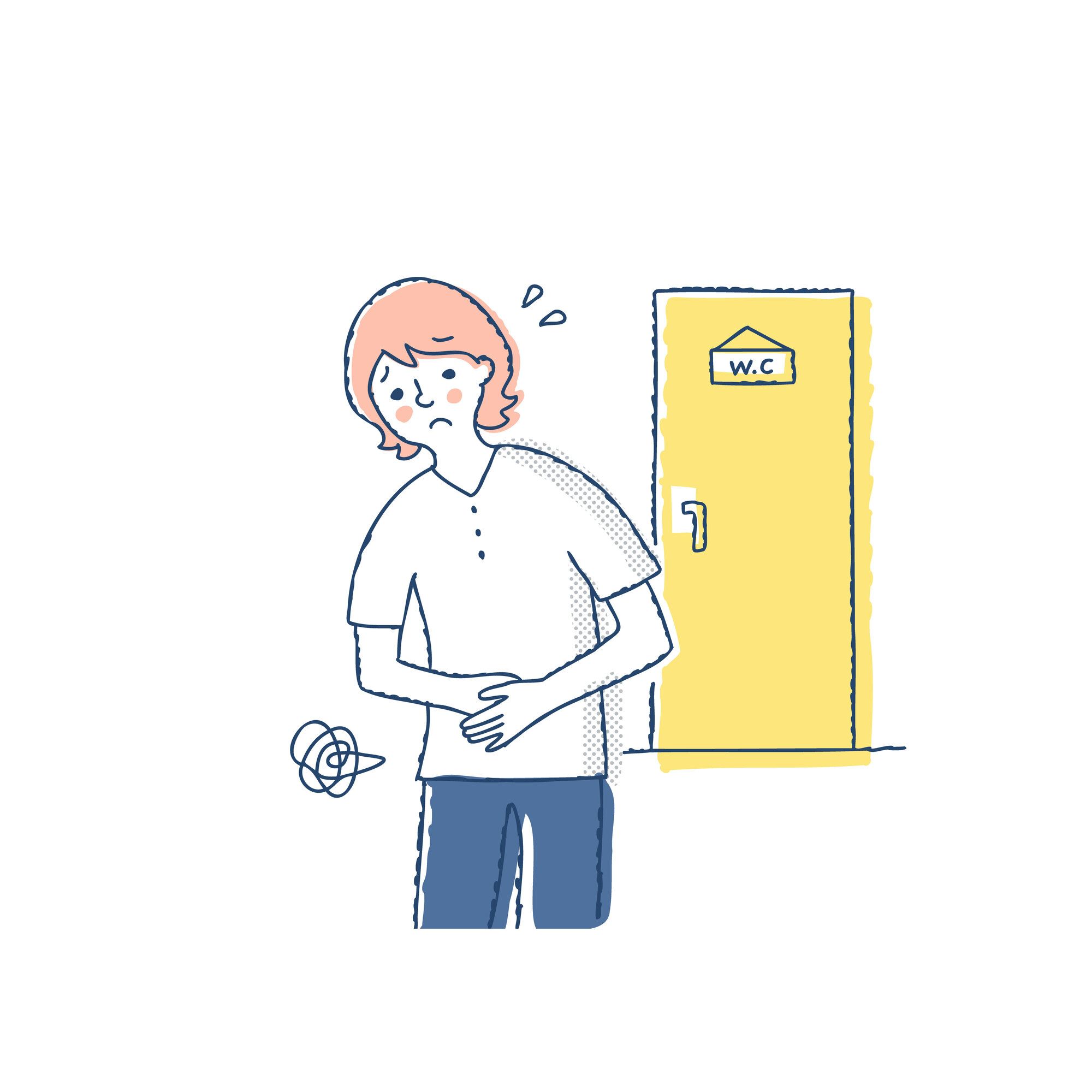 腹痛でおなかを抱えてトイレから出てくる女性のイラスト