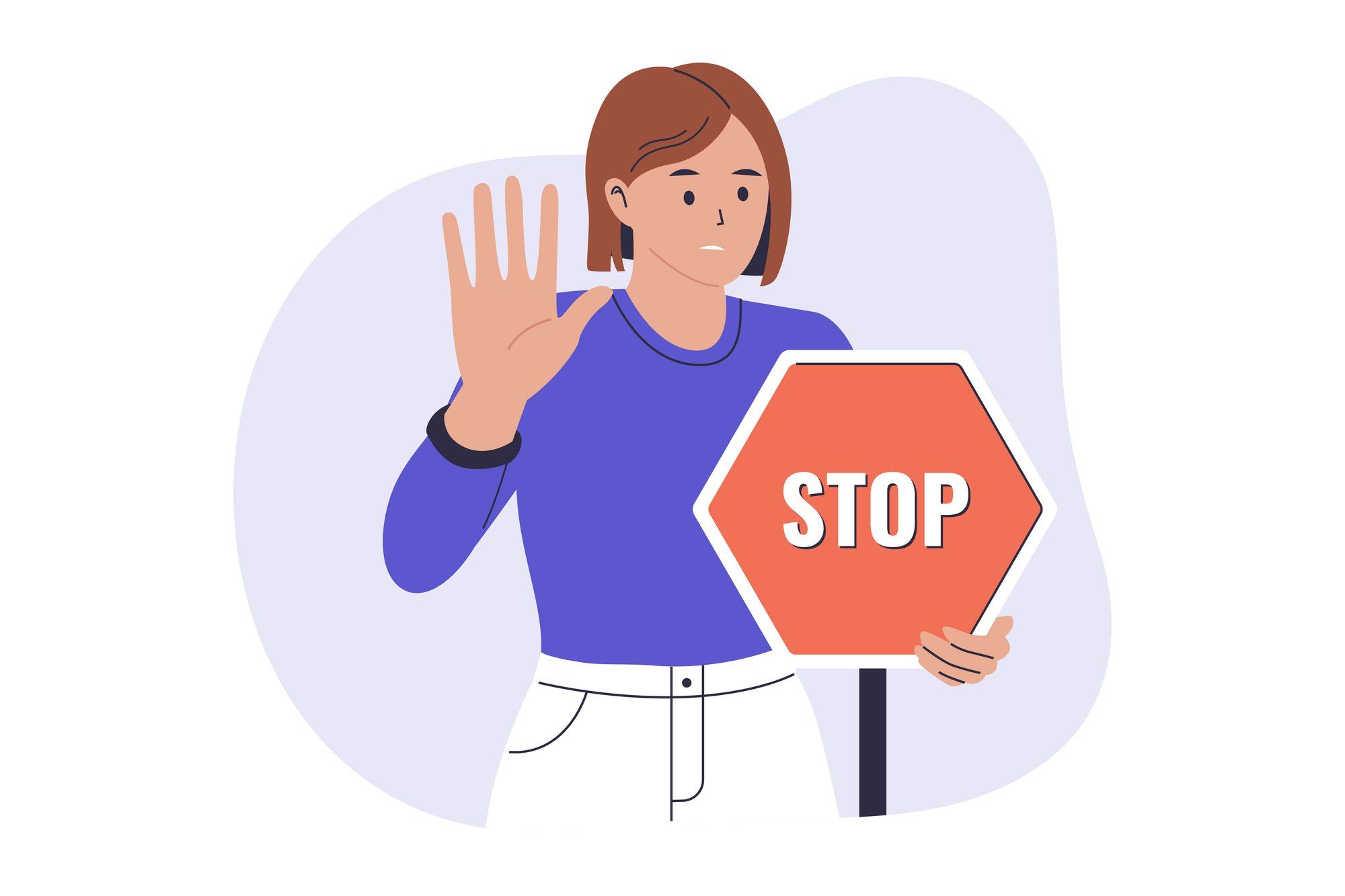 「STOP」の看板を抱える女性