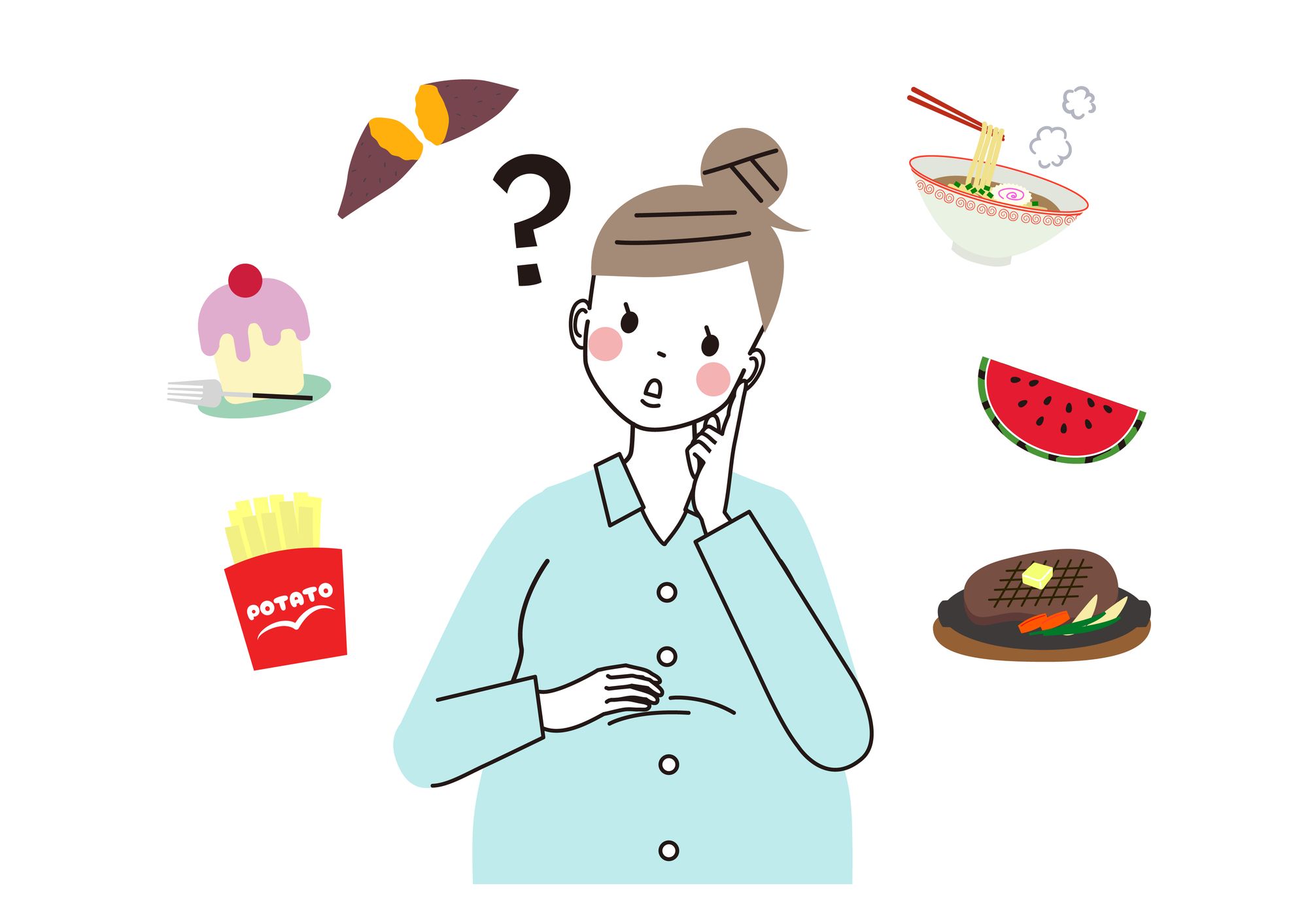 妊娠中何を食べればいいのか悩んで首をかしげる妊婦さん