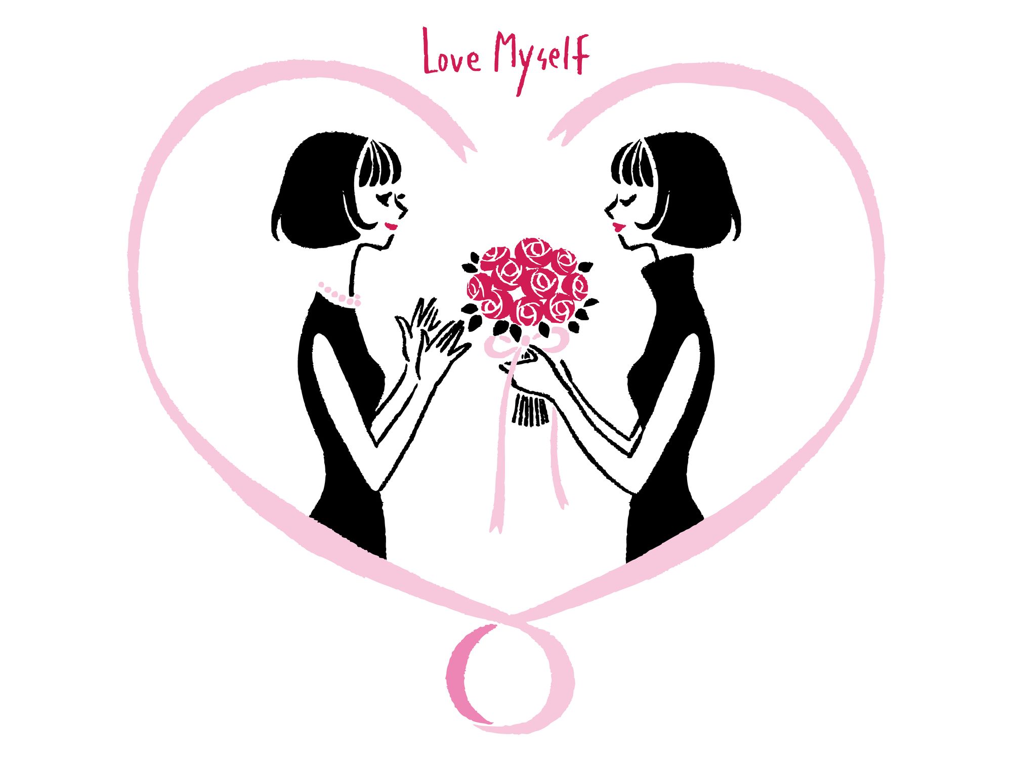 Love Myselfと書かれたハートマークと自分に向き合い花束を捧げる女性