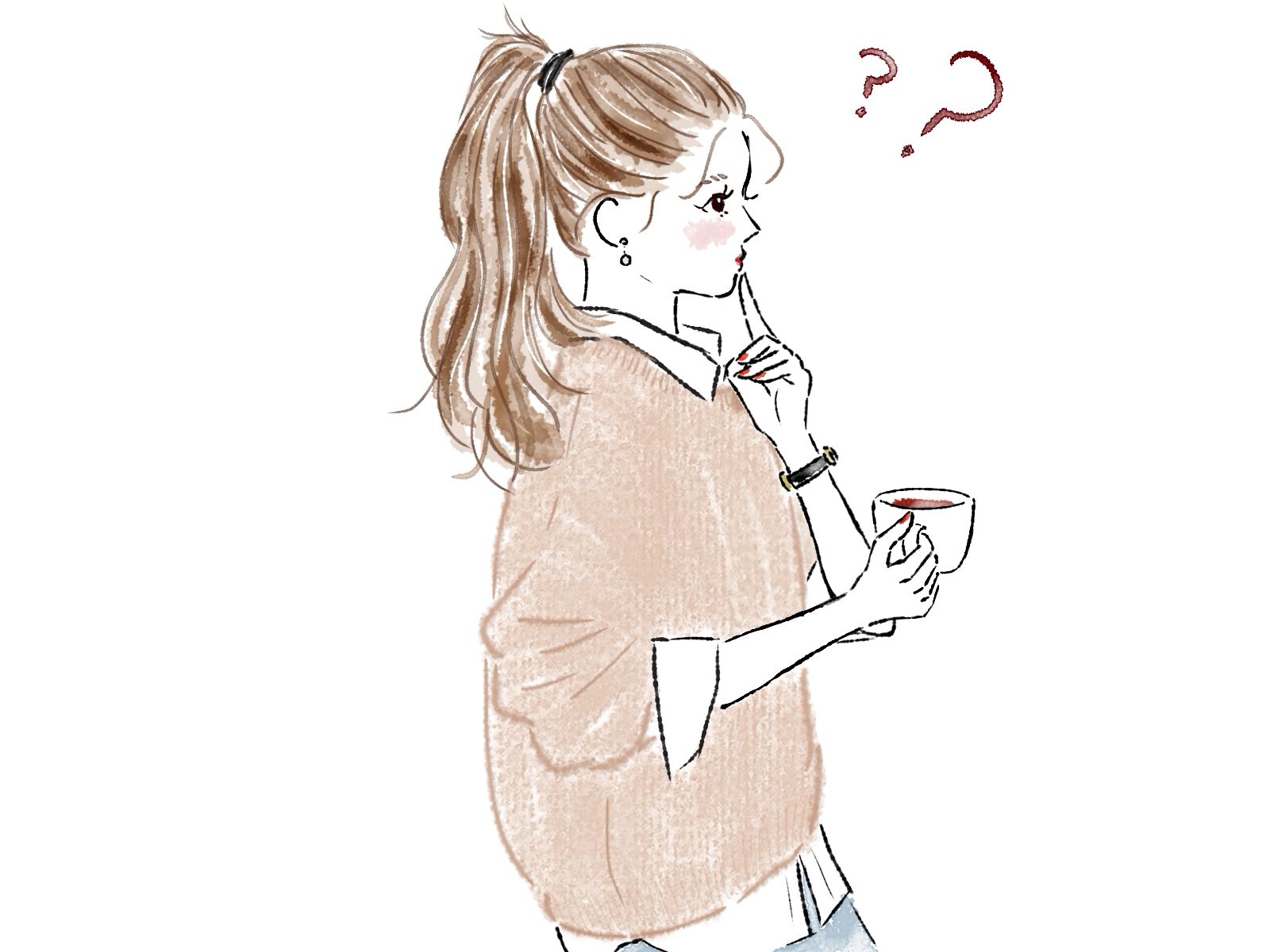 コーヒーを飲みながら疑問に思う女性のイラスト