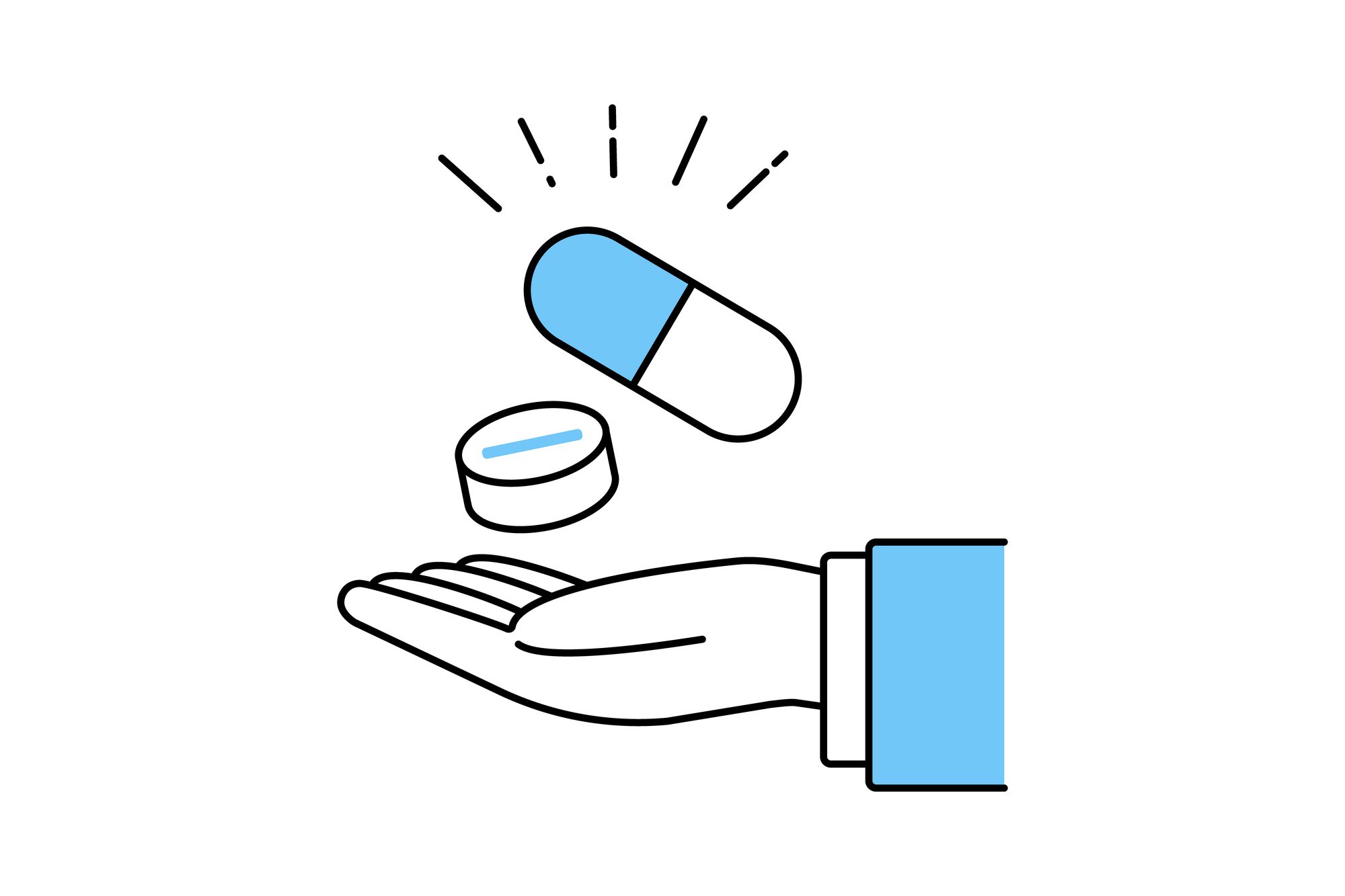薬の錠剤とカプセルを持つ手のイラスト