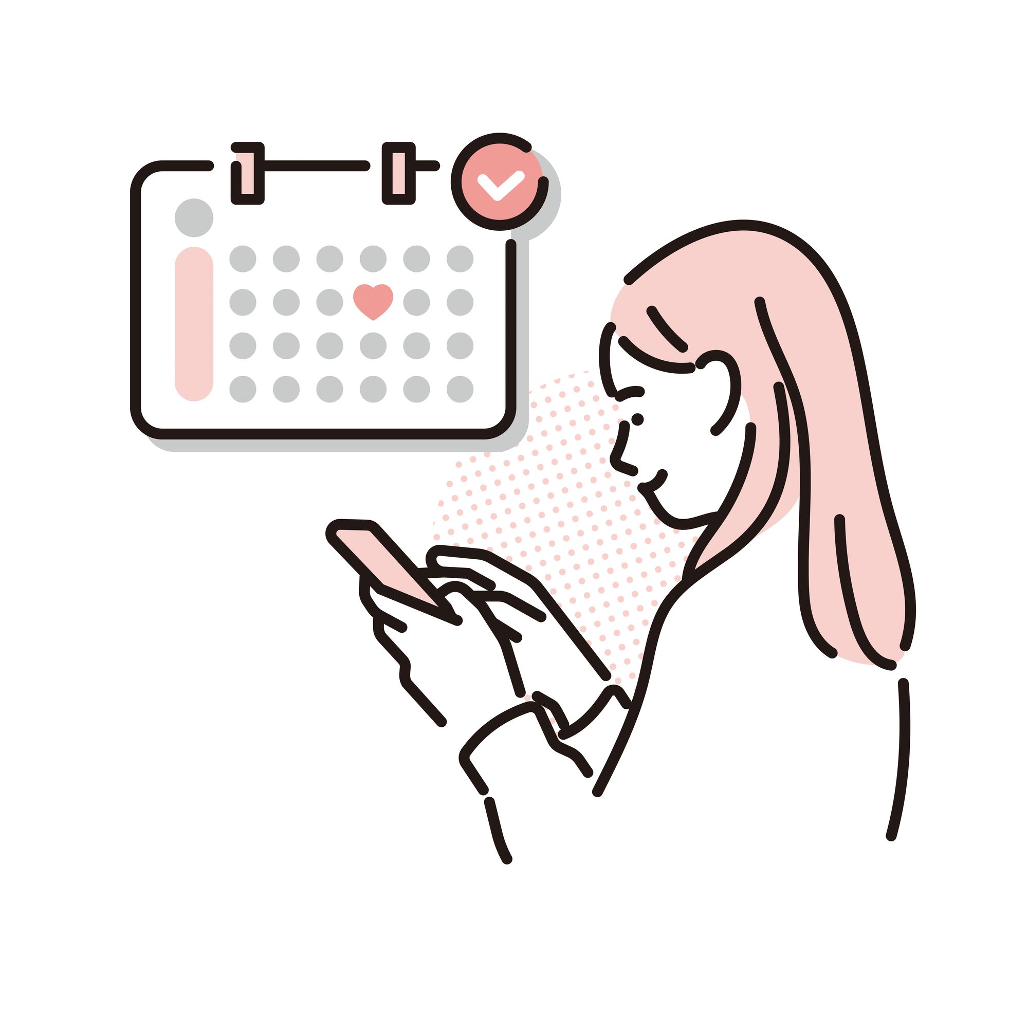 スマホのカレンダーで生理周期を記録する女性のイラスト