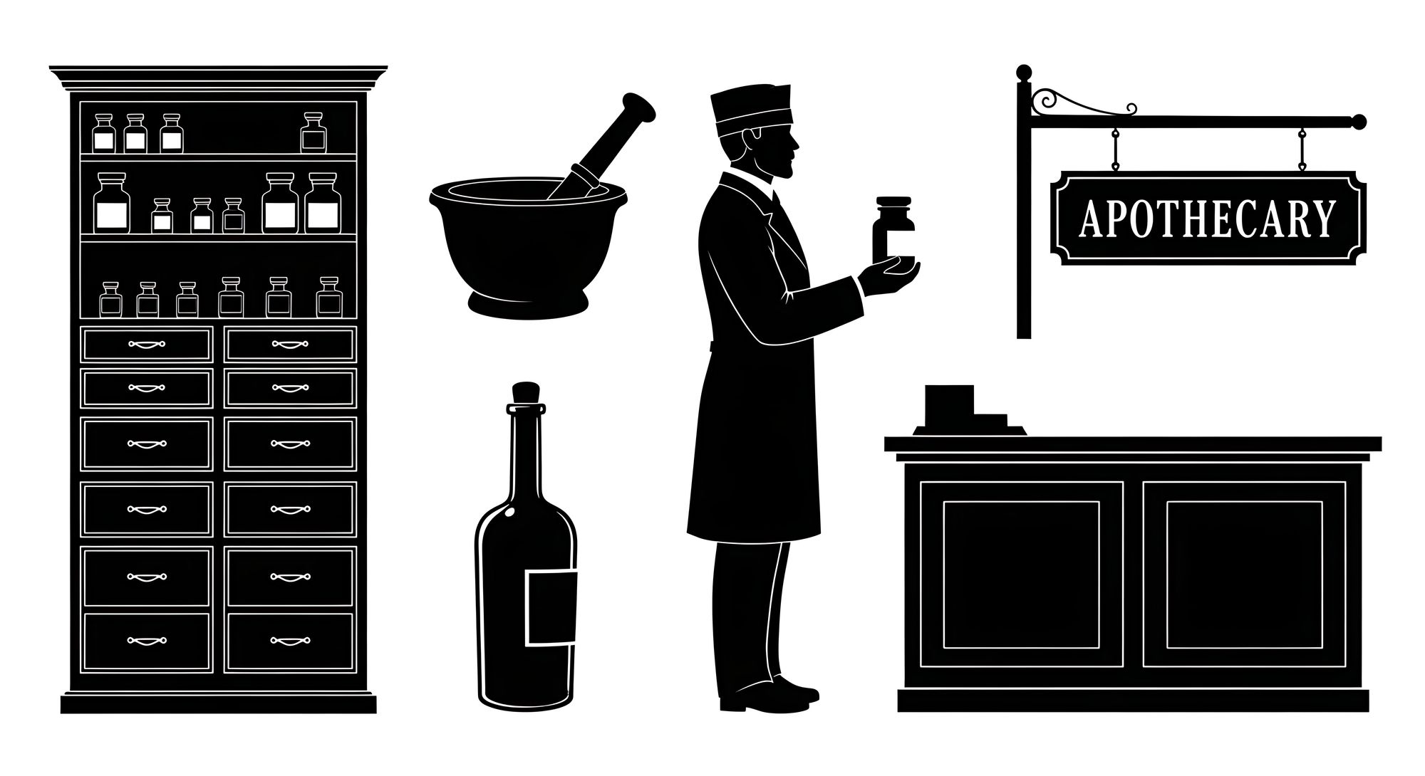 西洋の薬屋と薬棚のイラスト