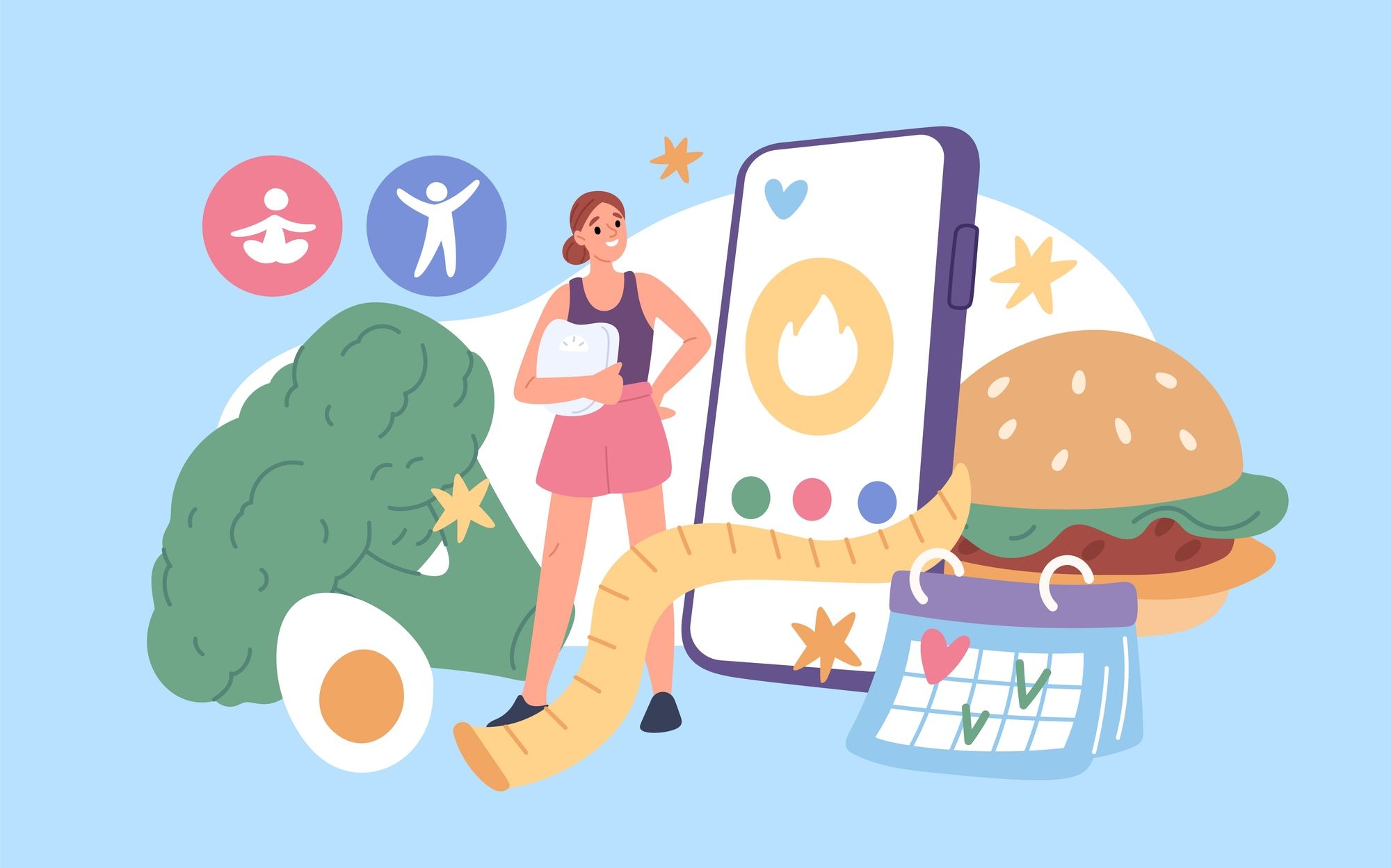 スマホアプリと多くの栄養素、女性のイラスト