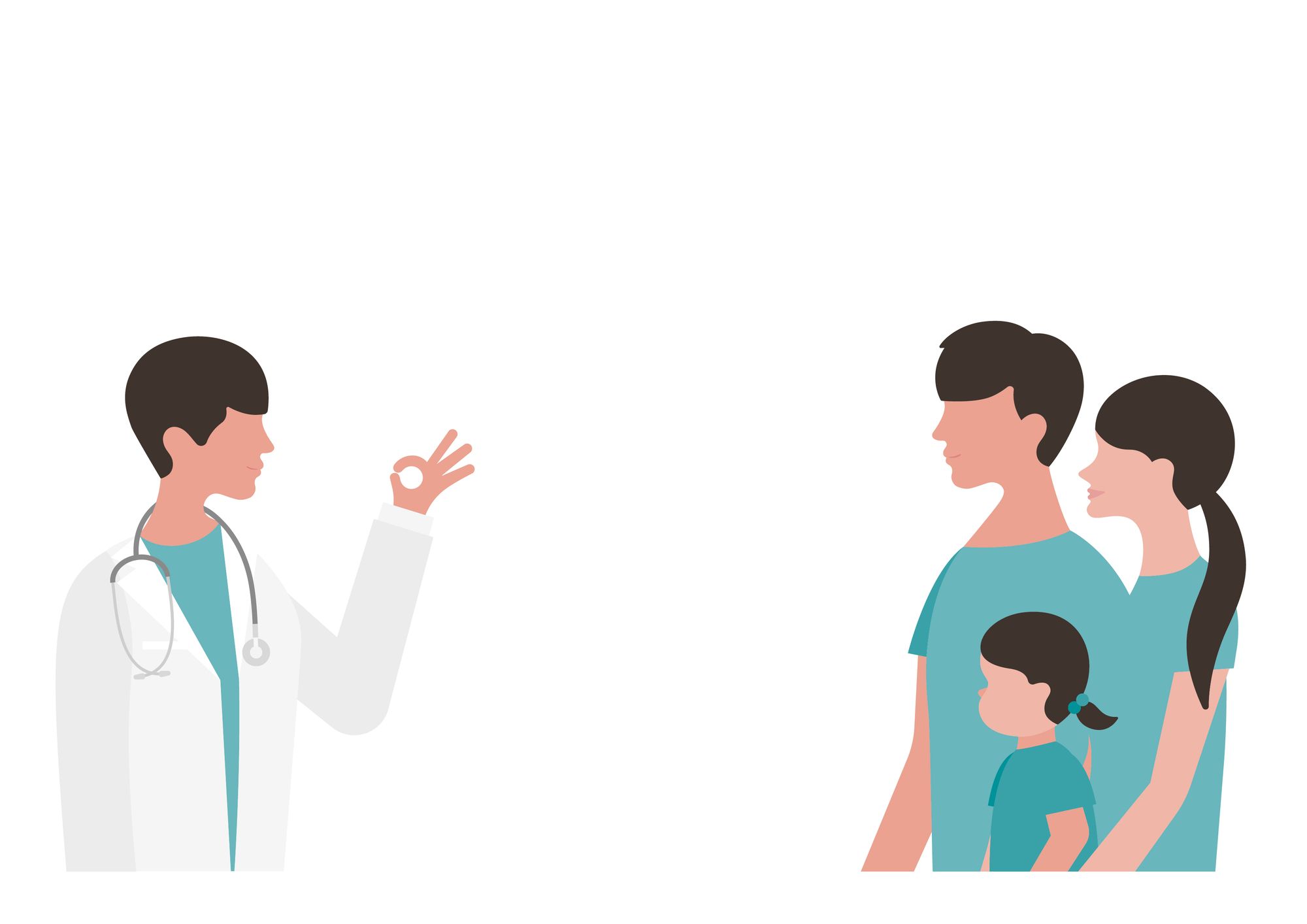娘を連れた夫婦と男性小児科医のイラスト