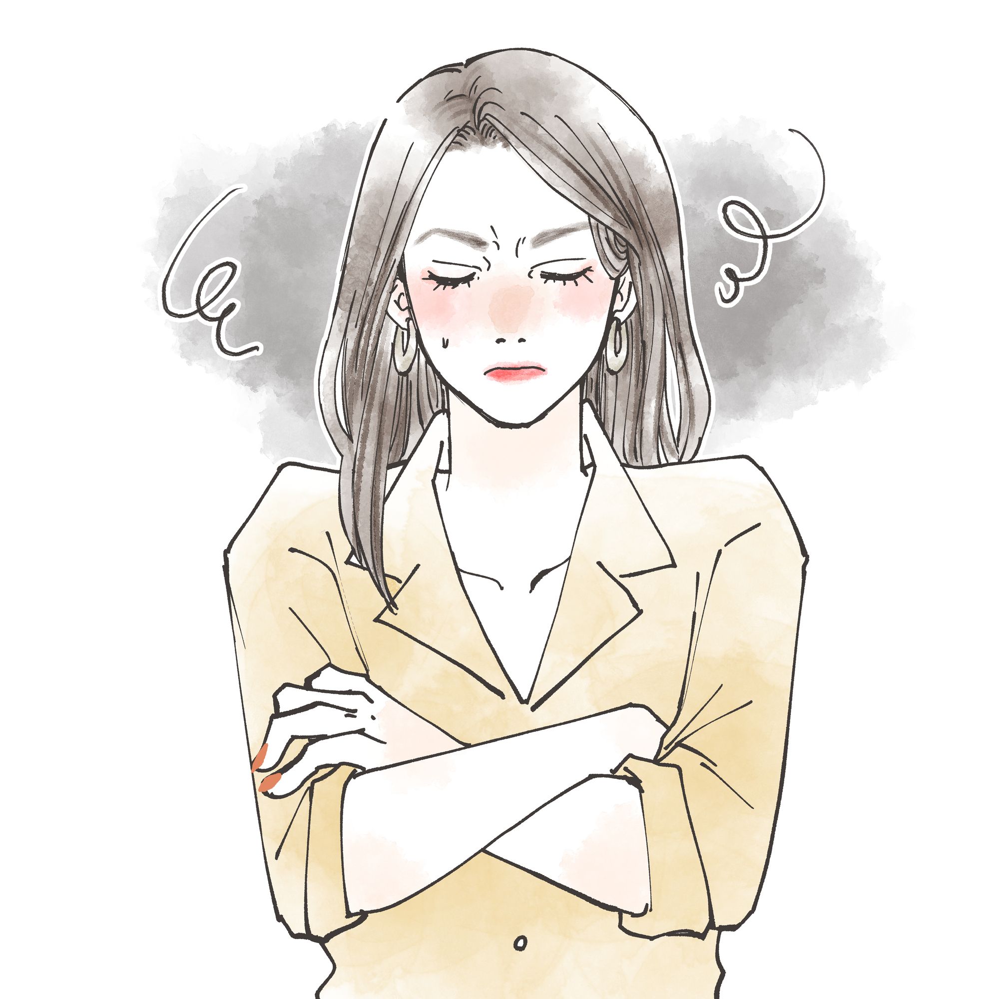 イライラするスーツ姿の女性の手描きイラスト