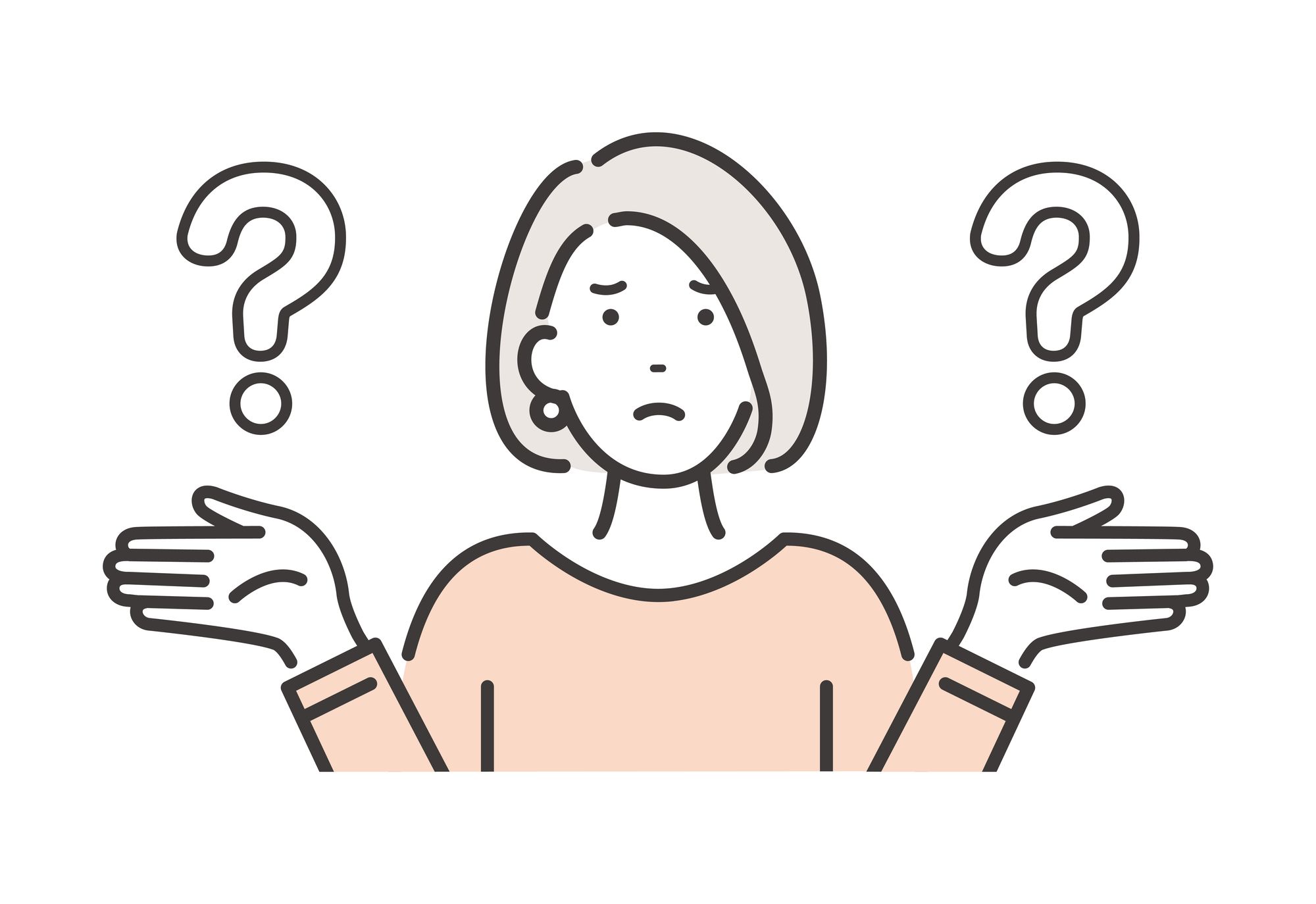 クエスチョンマークと選択に迷う女性のイラスト