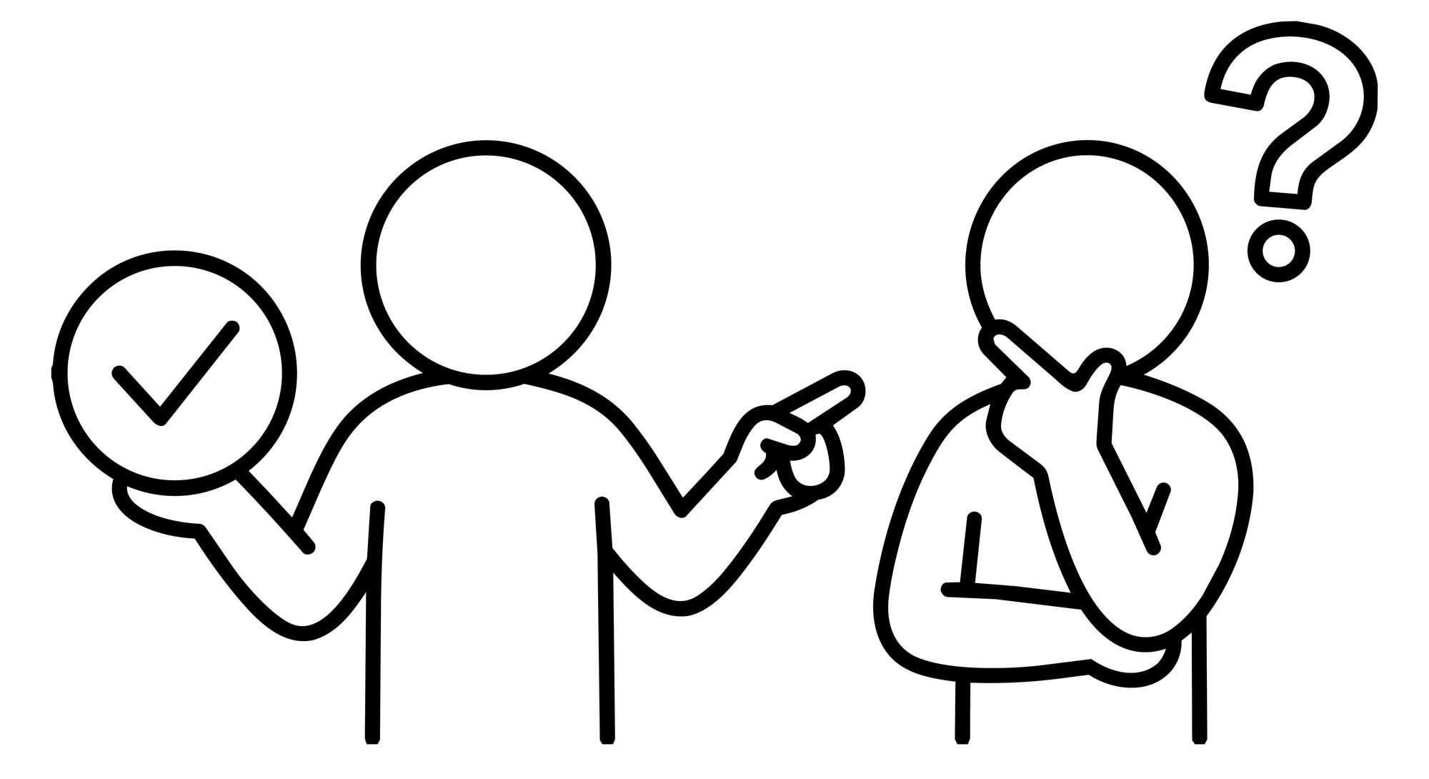 チェックマークを持って相談する2人の人のイラスト
