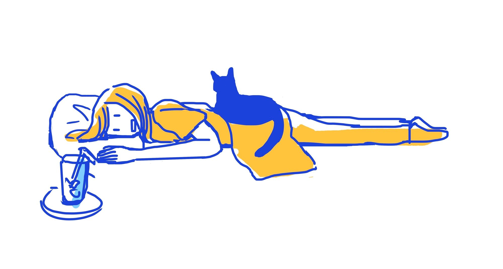 体調不良で横たわる女性のイラストとそれを見守る飼い猫