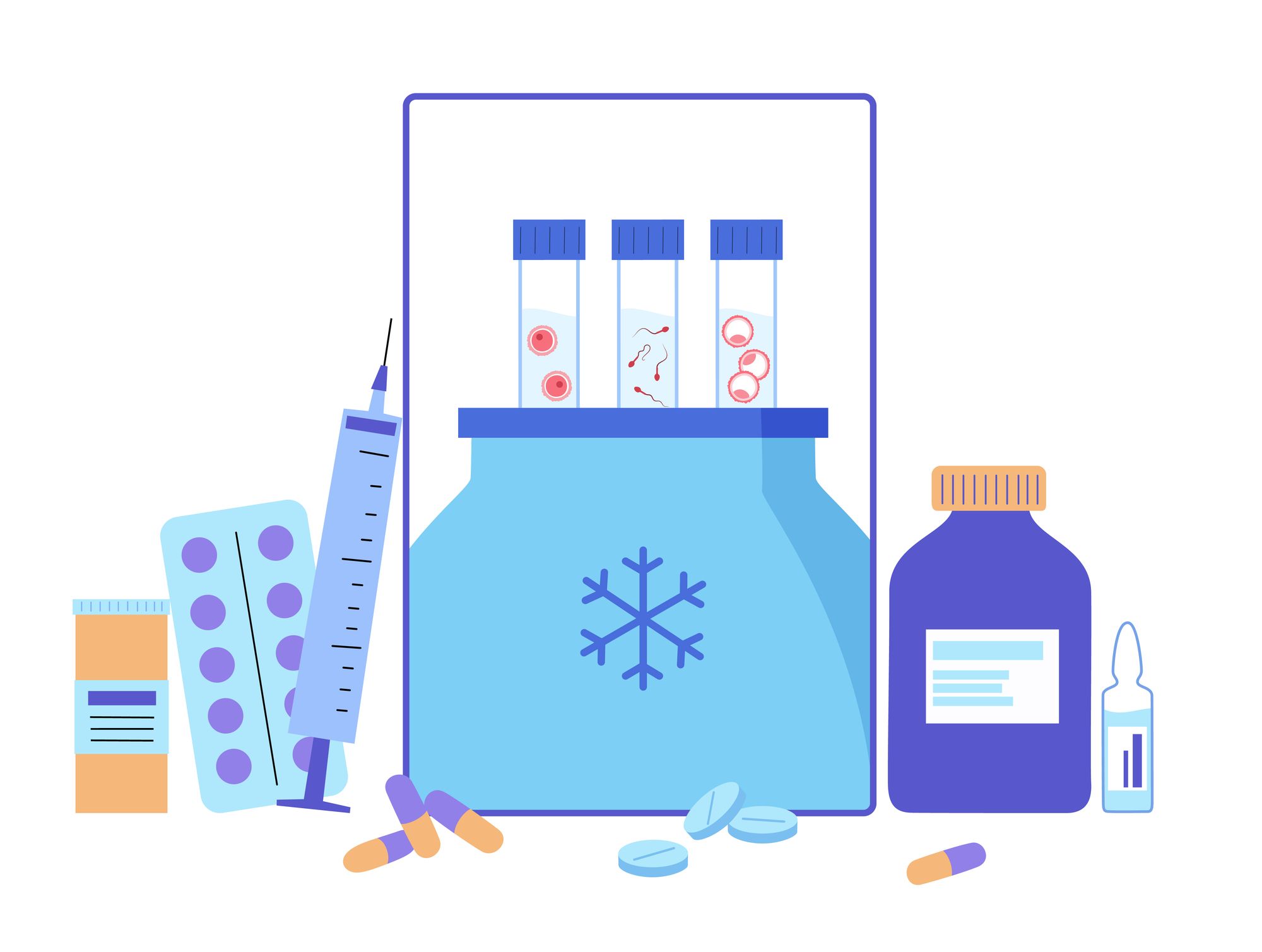 不妊治療に使用される様々な薬剤や器具のイラスト