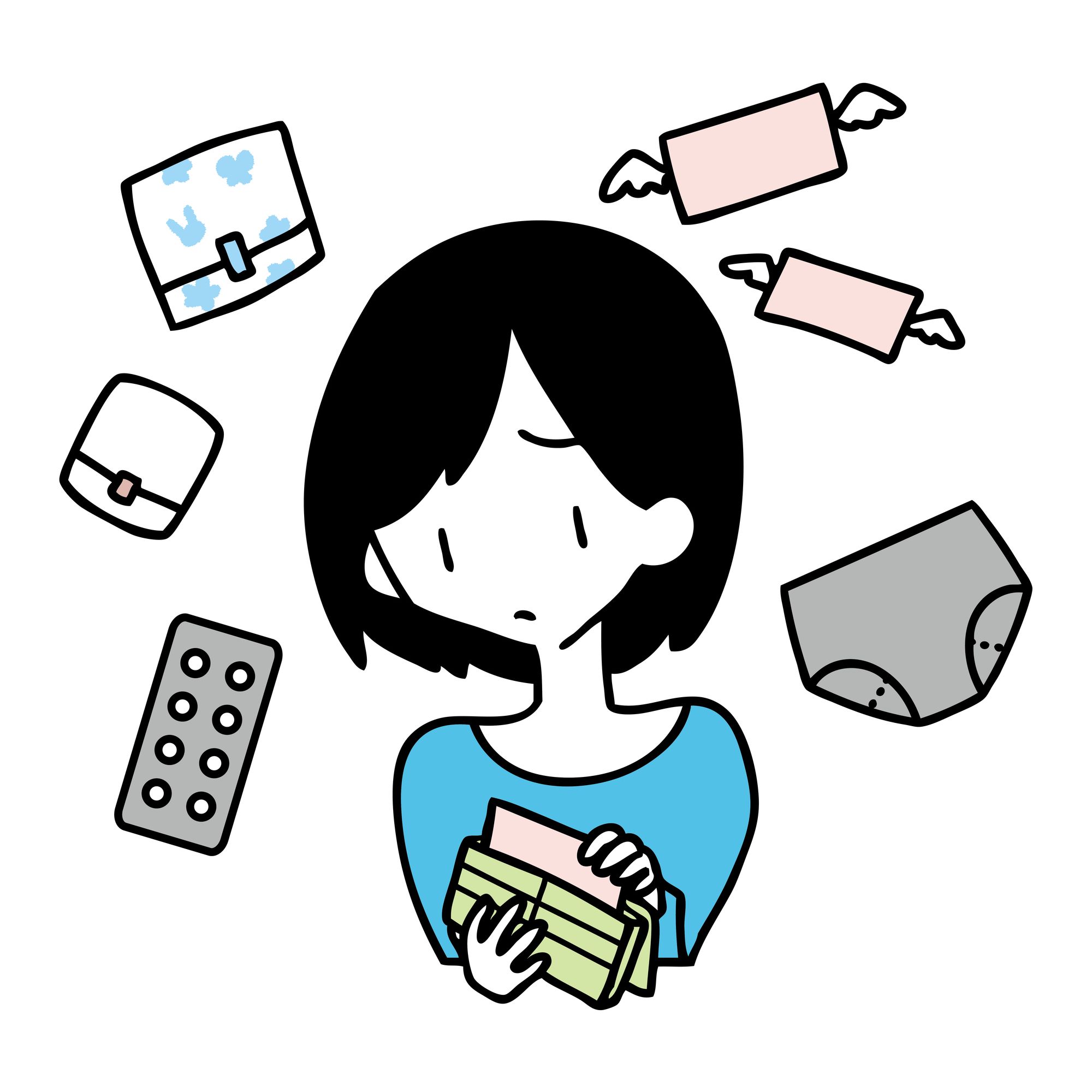 様々な生理用品とお財布を見て困る女性