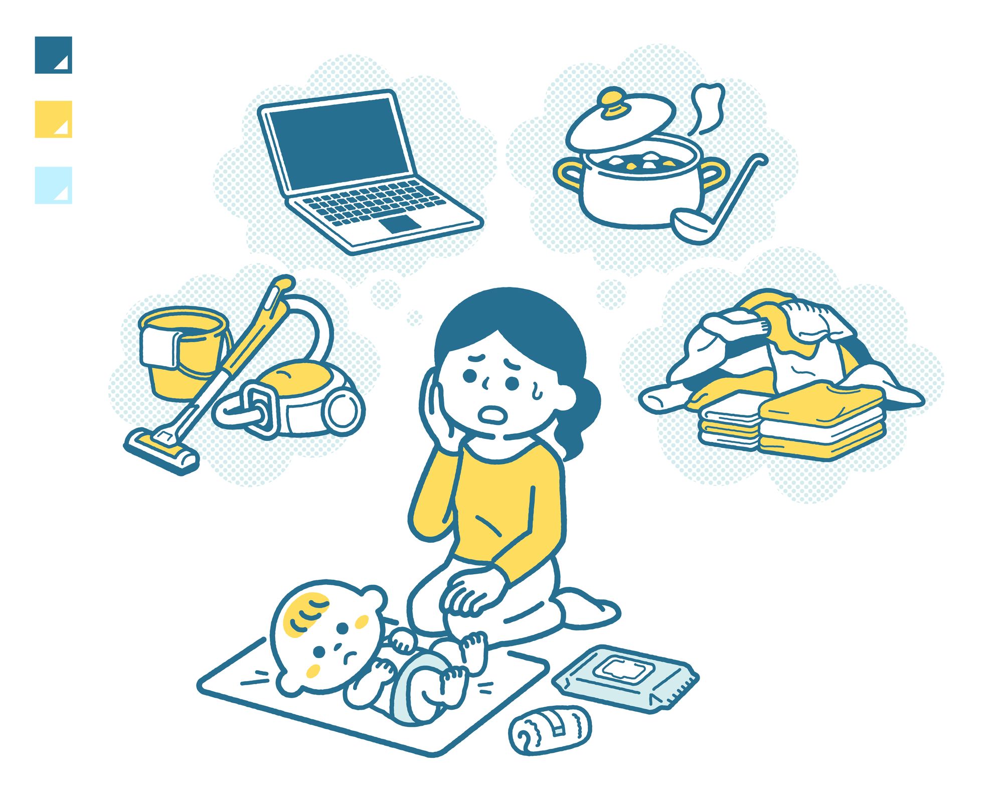 赤ちゃんのお世話をする女性と、彼女を取り巻く家事や仕事のイラスト