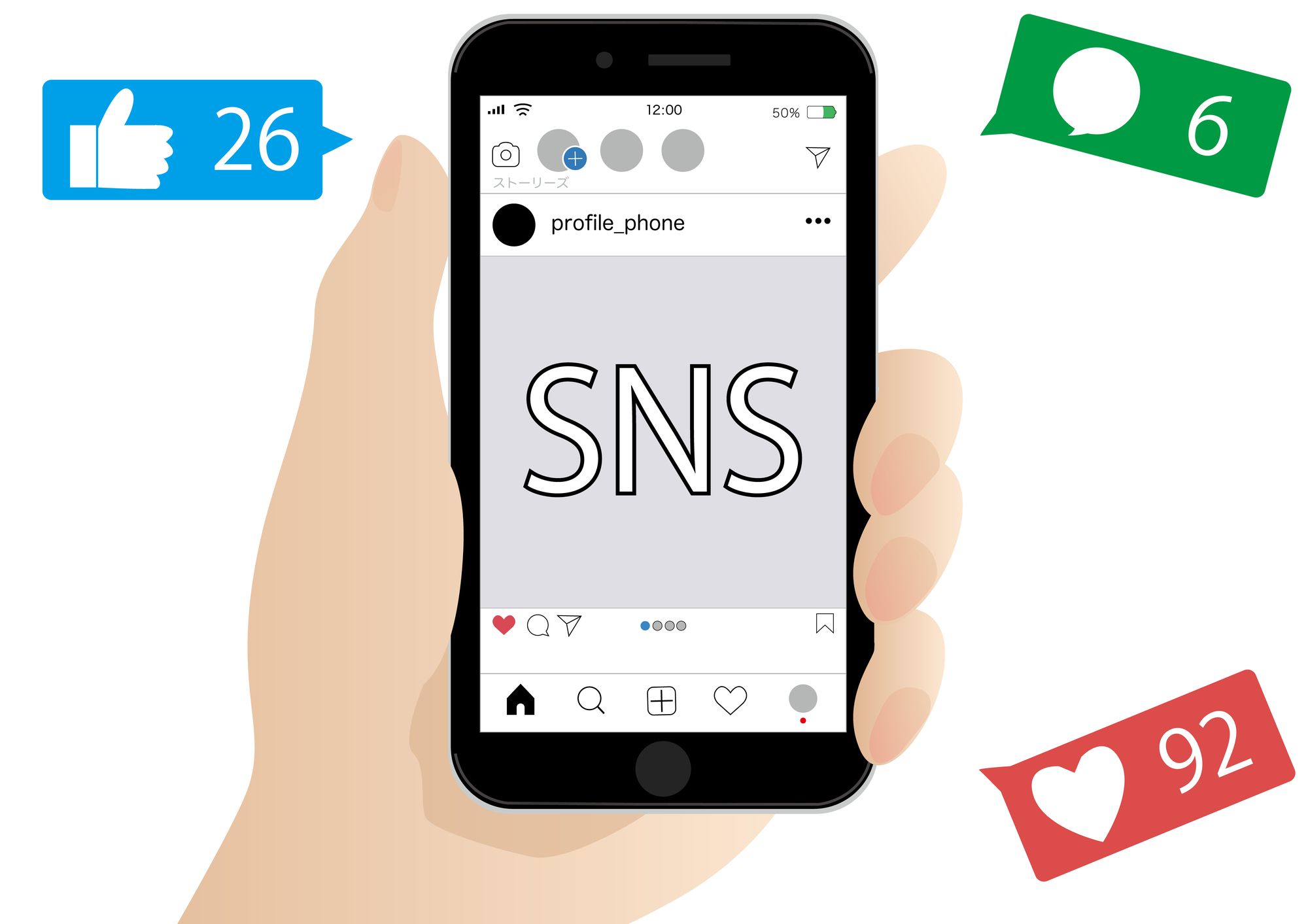 SNSでいいねやコメントが集まるスマートフォンのイラスト