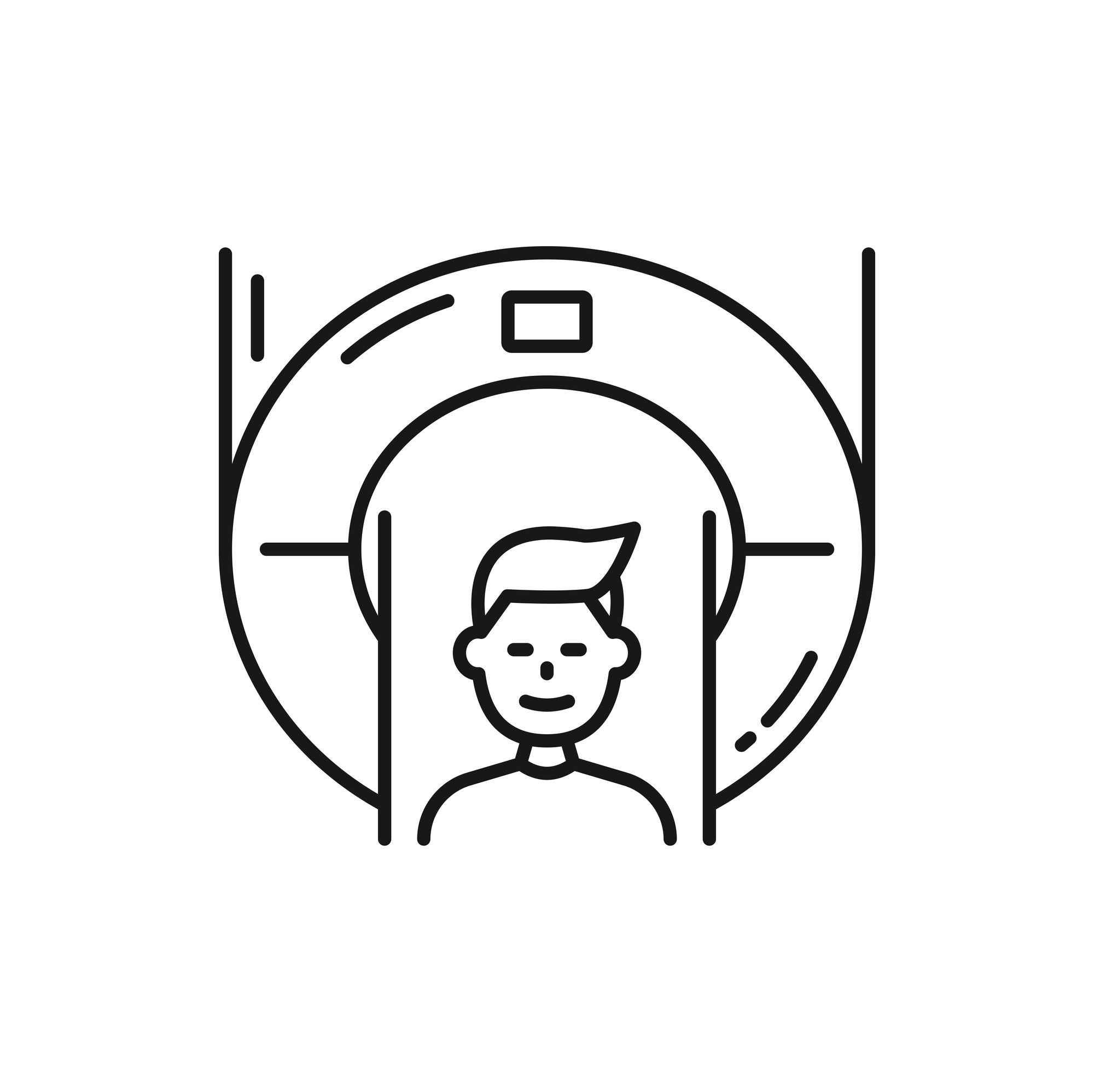 検査のためMRI装置の中に入る人のイラスト